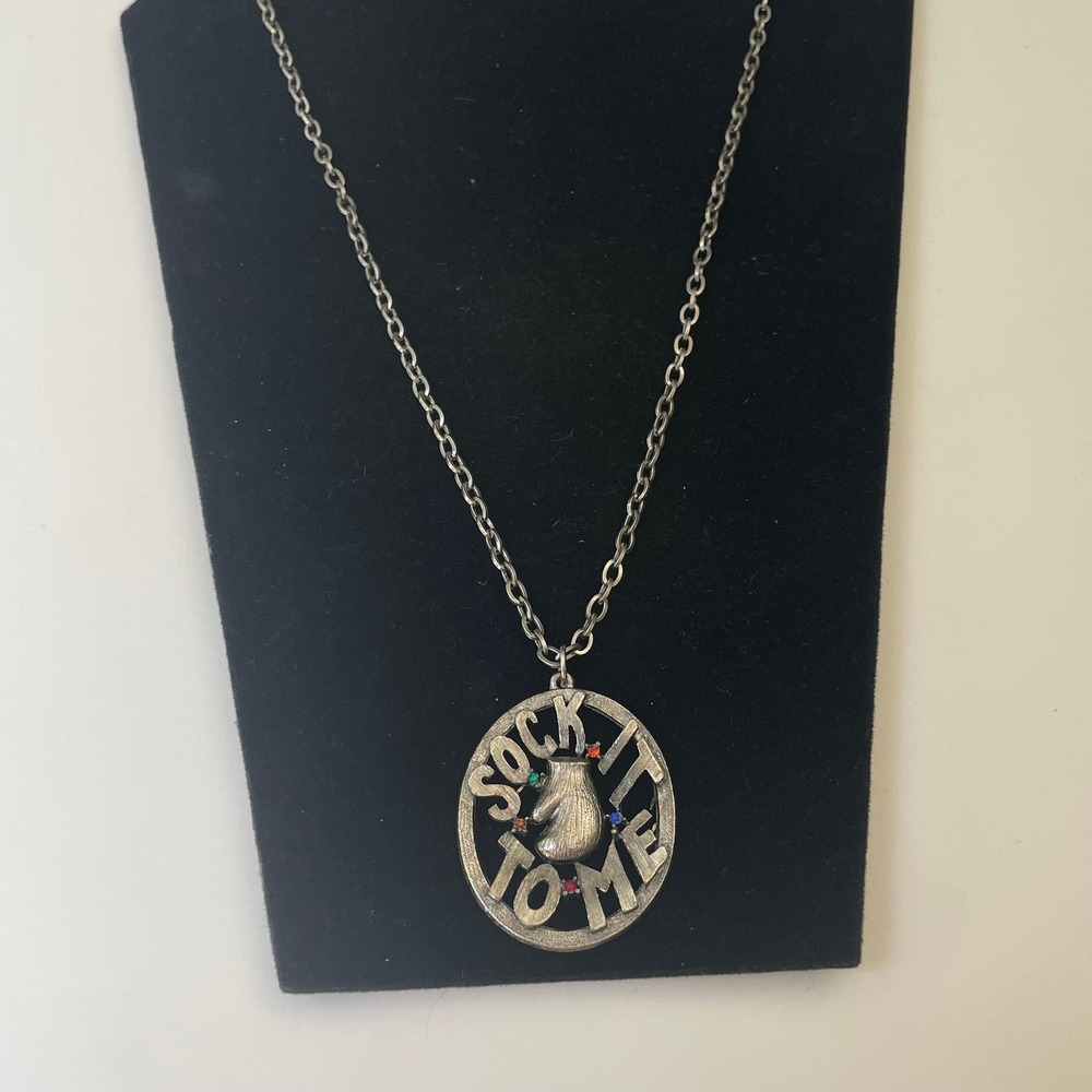 Vintage Sock It To Me Boxing Glove Pendant Necklace Silver Tone Rhinestone 24in